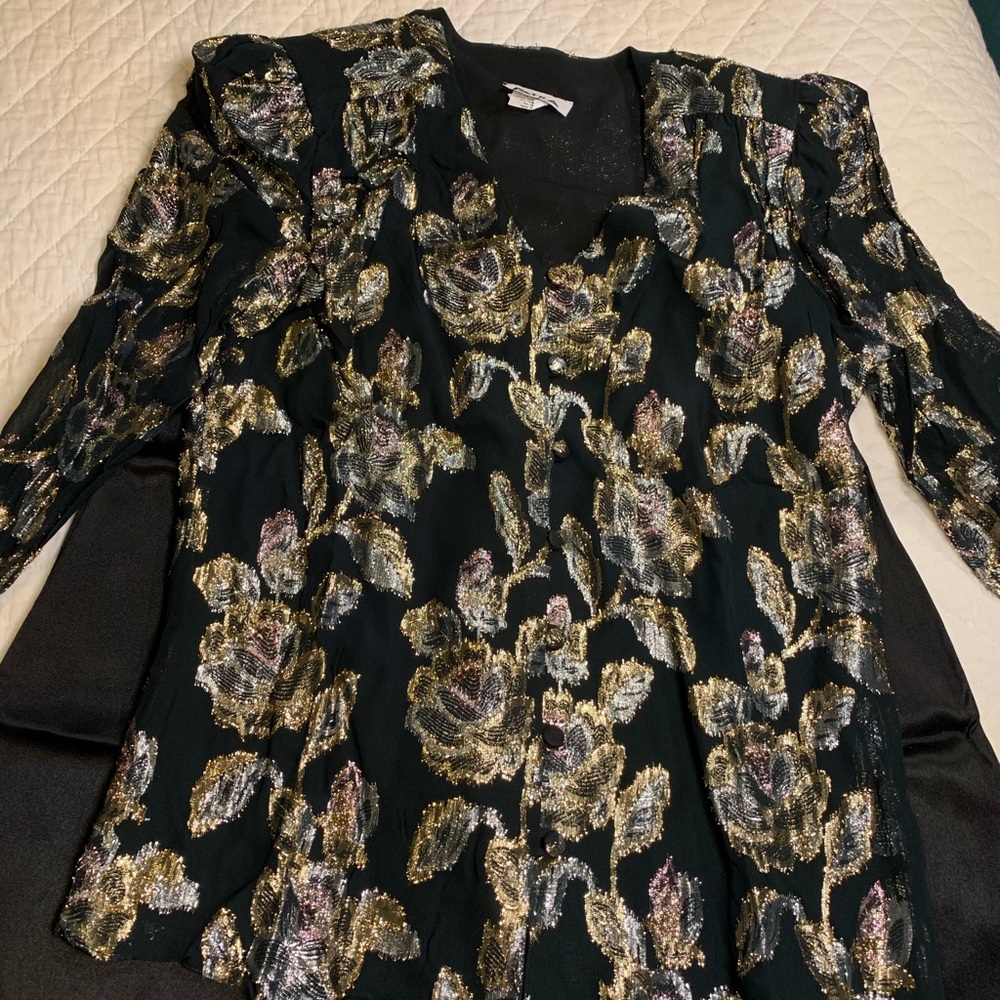 Black and silver and gold shirt with satin black pants brand new tag still on